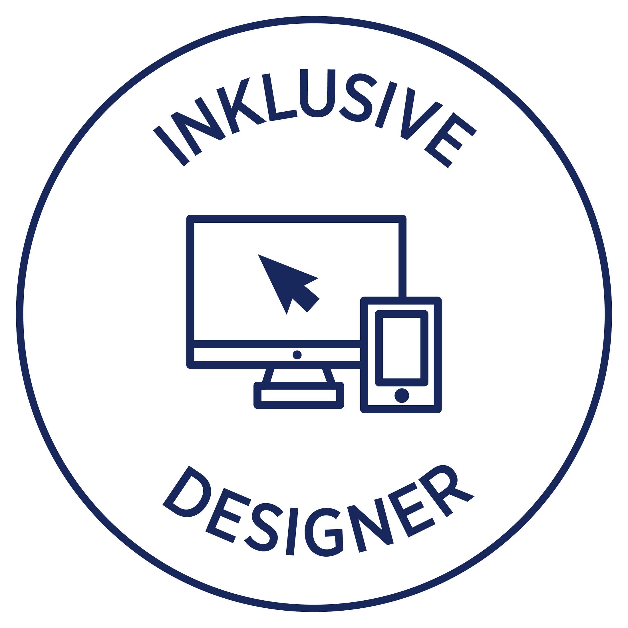 Logo mit Desktop und Smartphone, Text 'Inklusive Designer'.