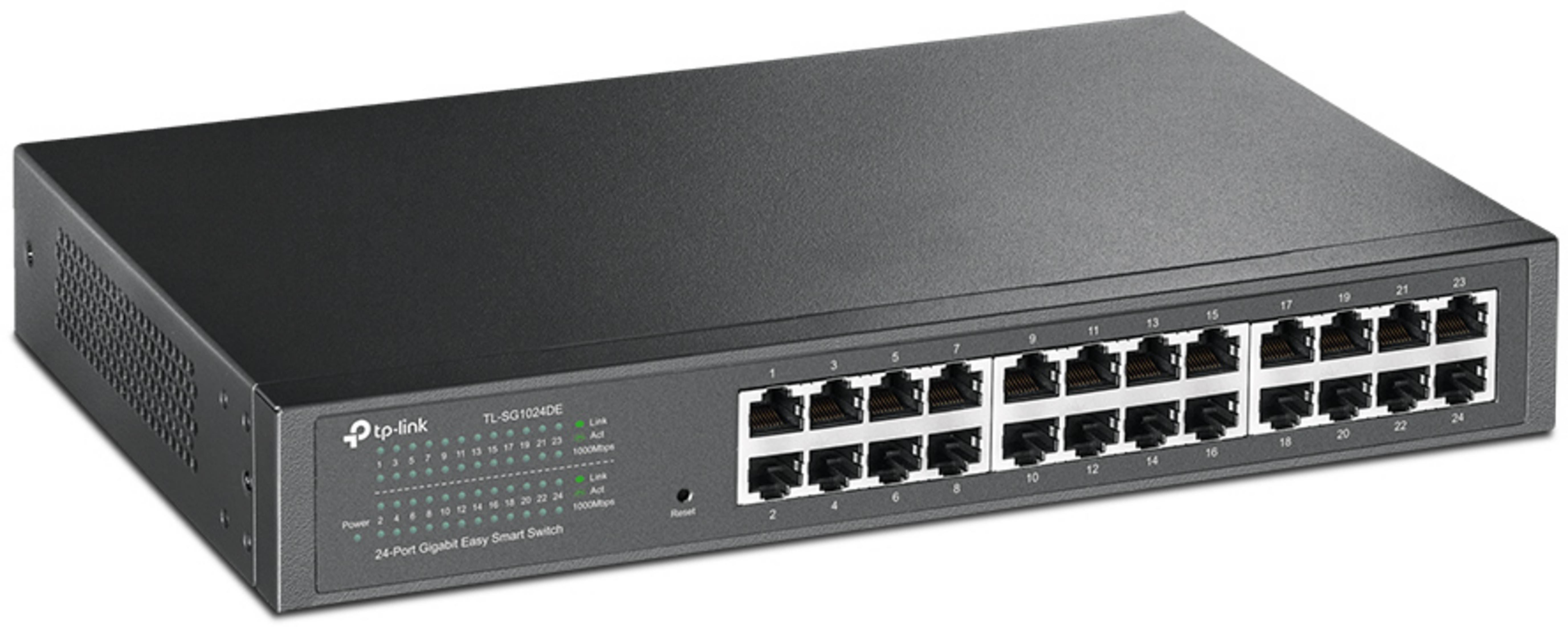 Uno switch Gigabit TP-Link nero a 24 porte con numerose porte Ethernet sul davanti.