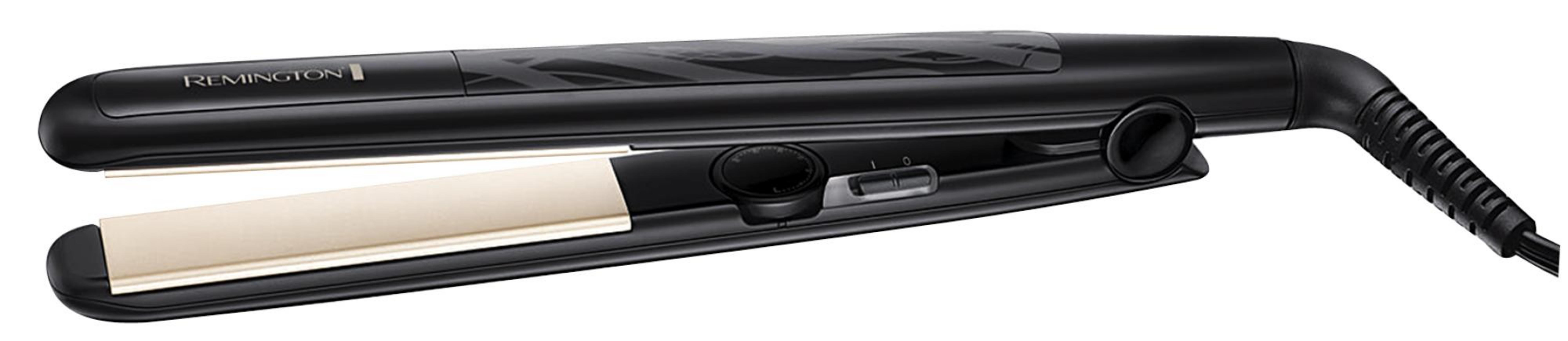 Una plancha de pelo Remington negra con placas y controles dorados.