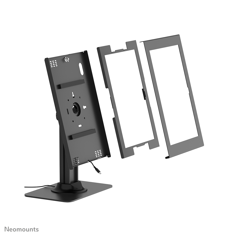 Supporto nero per tablet con cornici rimovibili su sfondo bianco.