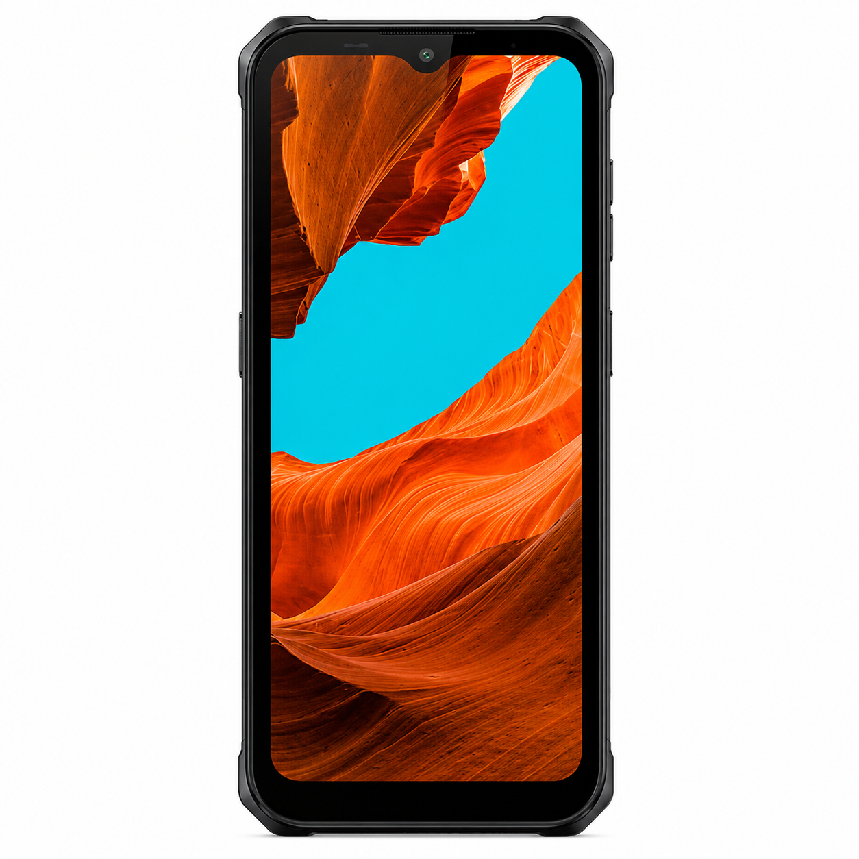 Uno smartphone nero con uno sfondo di canyon arancione.