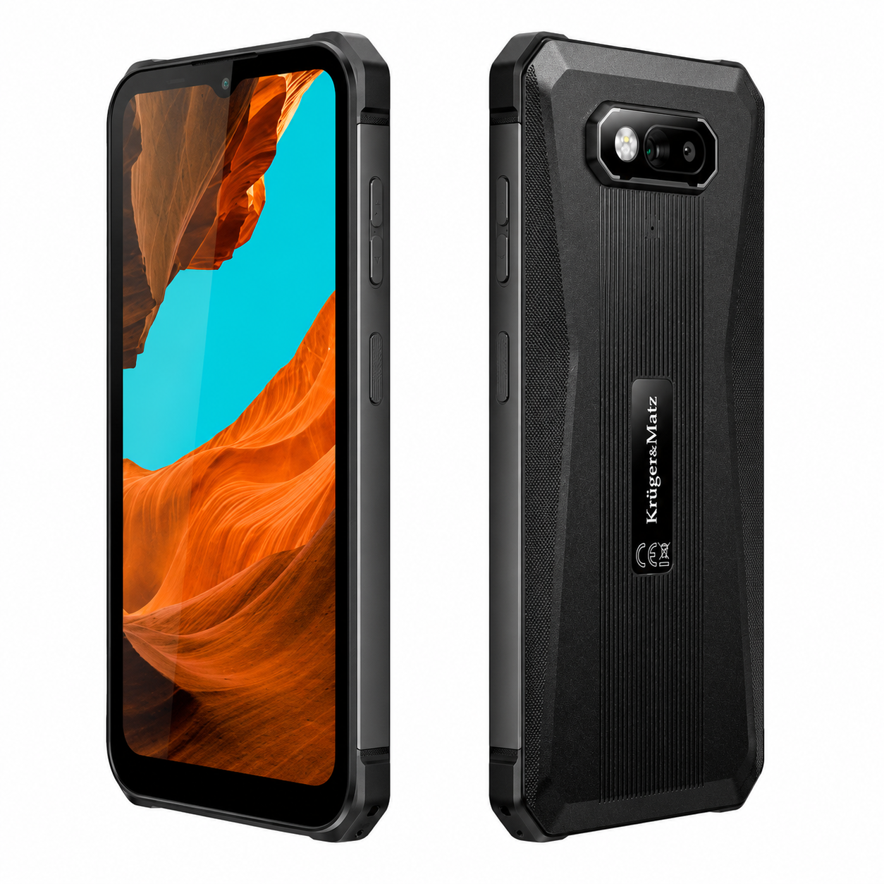 Vista frontale e posteriore di uno smartphone nero robusto con sfondo arancione e blu.