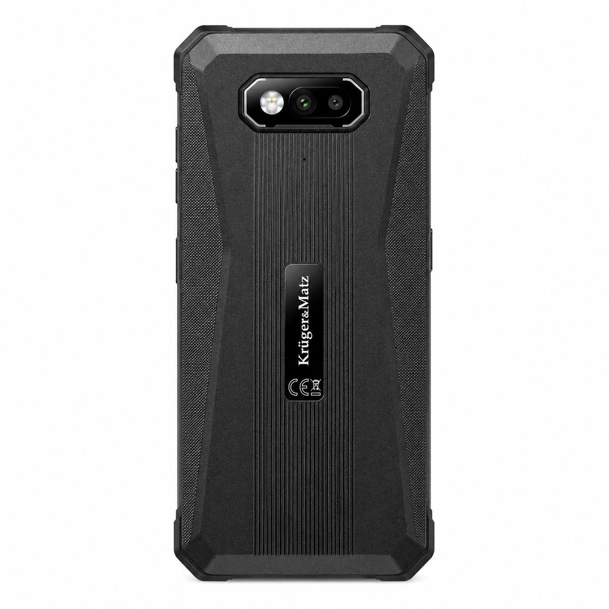 Retro di uno smartphone nero e robusto con scanalature verticali e fotocamera.