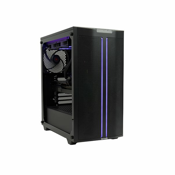 Un case per PC nero con luci viola e una ventola visibile all'interno.