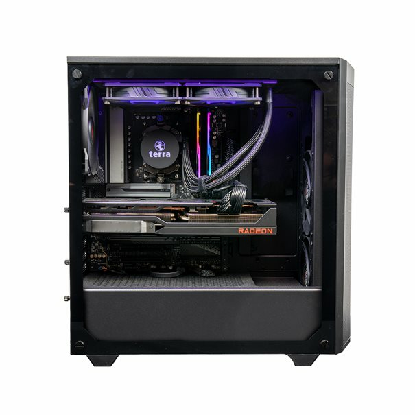 Un case PC nero con illuminazione RGB. Componenti visibili: scheda grafica, scheda madre, RAM e ventole.