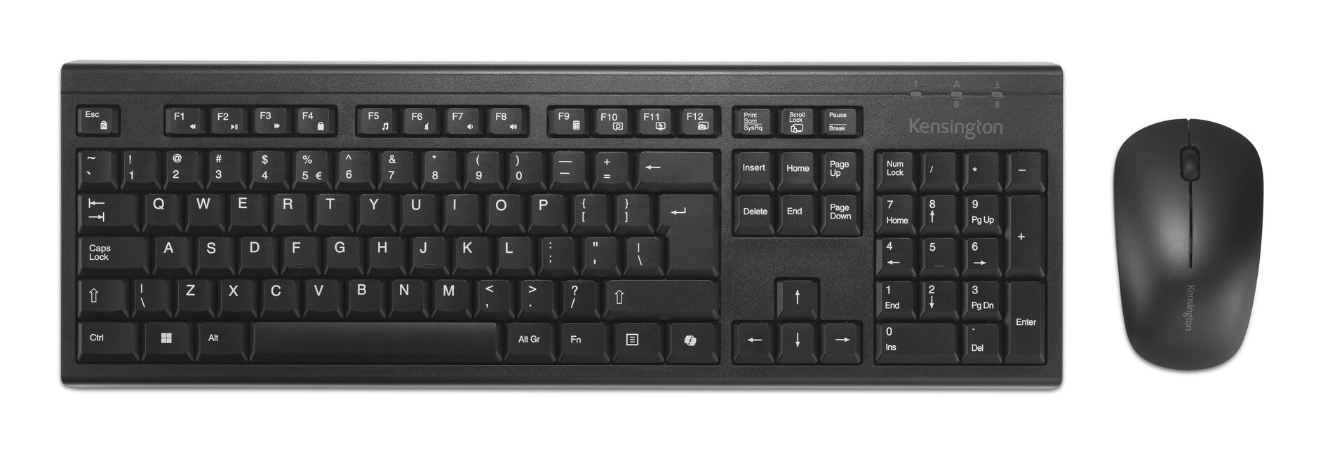 Un teclado y ratón Kensington negros se muestran sobre fondo blanco.
