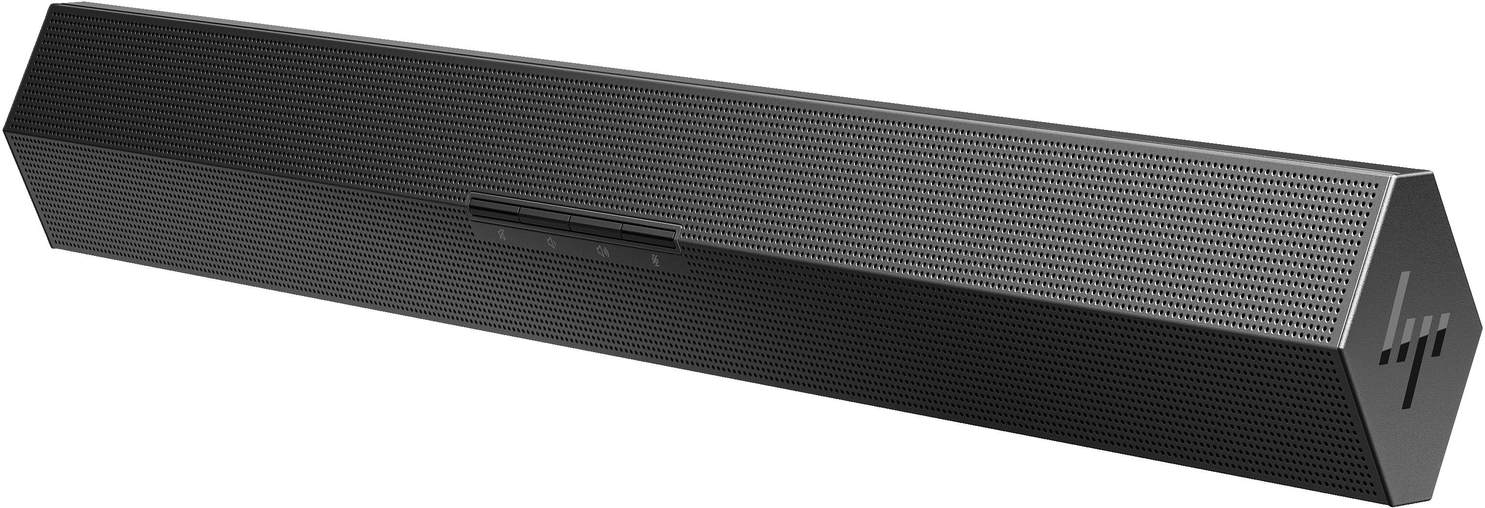 Altavoz negro con superficie perforada y botones.
