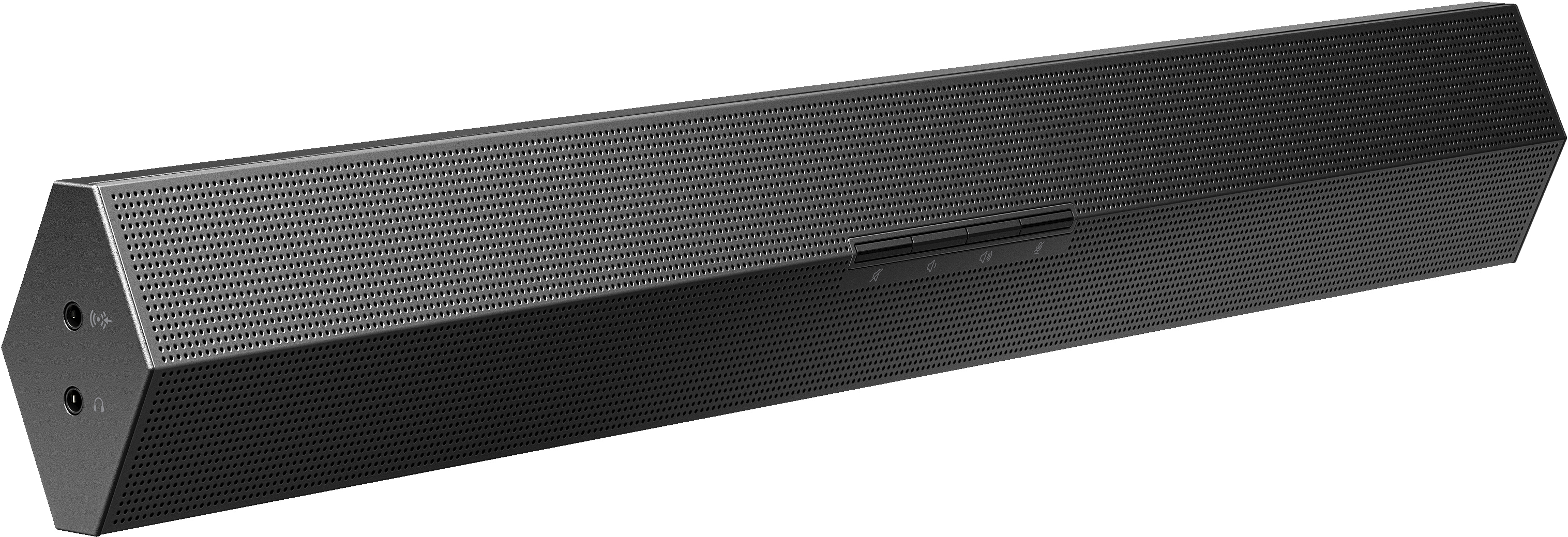 Altavoz negro con frente perforado y botones.