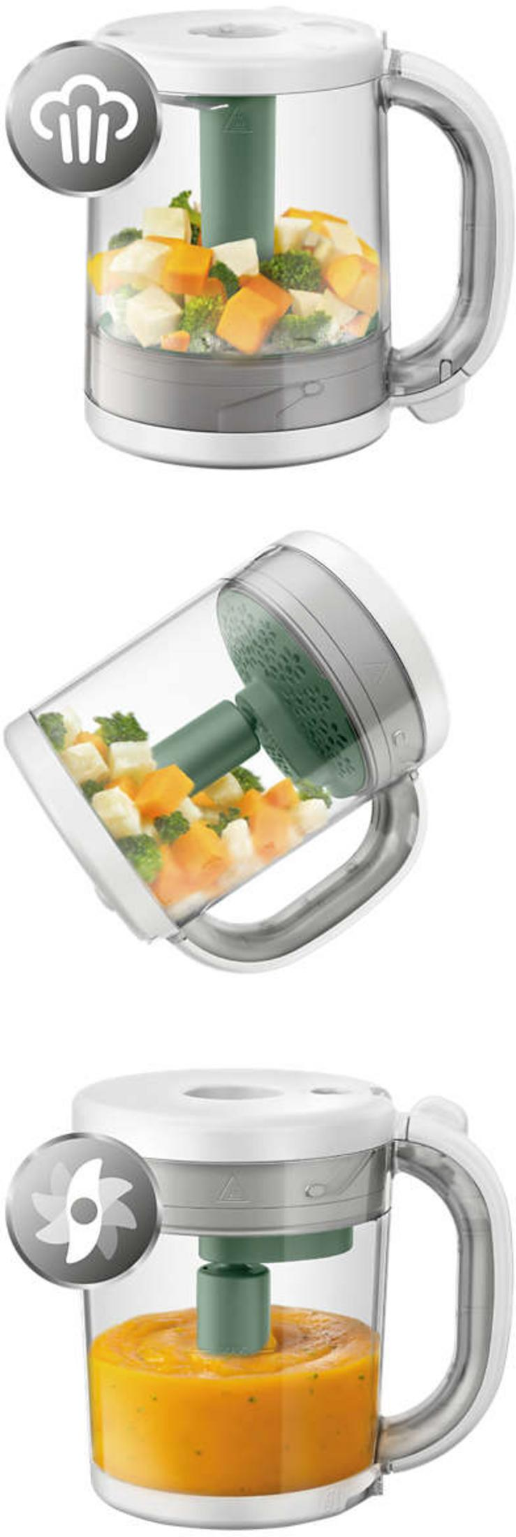 Un robot da cucina per bambini mostra verdure al vapore, poi cibo frullato.