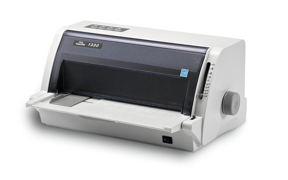 Ein weißer Nadeldrucker, Modell Tally Dascom 1330, mit schwarzer Abdeckung und Bedienelementen.