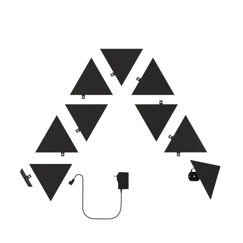 Sieben schwarze Dreiecke, einige verbunden, mit einem Netzteil und Kabel.
