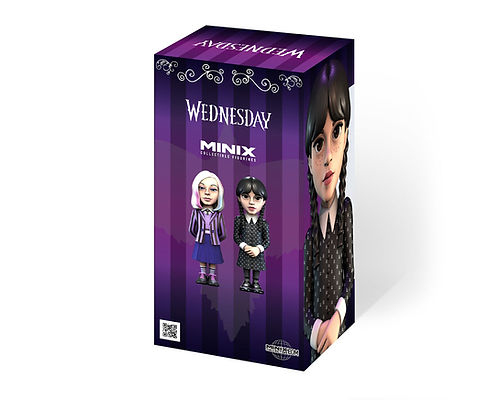Mittwoch Addams Minix Figuren auf einer violetten gestreiften Box.