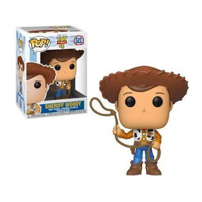 Funko Pop Sheriff Woody Figur mit Lasso und Box. Weißer Hintergrund.