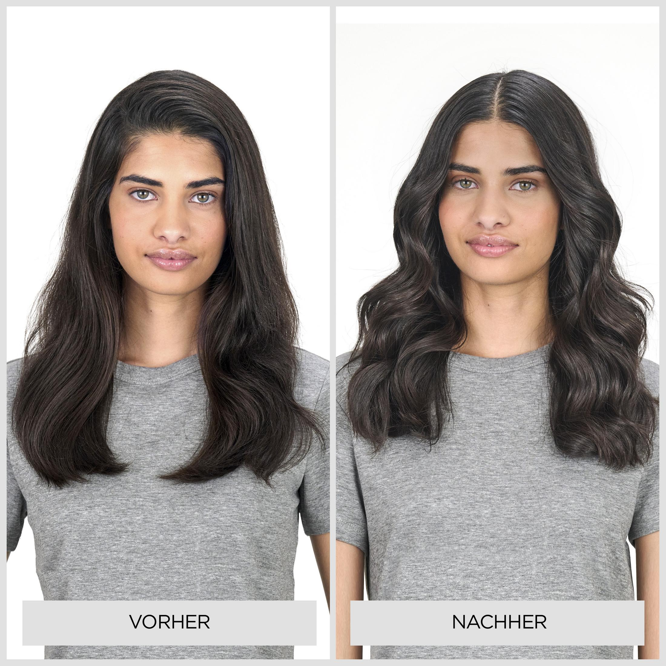 Comparación antes y después: Mujer con cabello liso a la izquierda, ondulado a la derecha.
