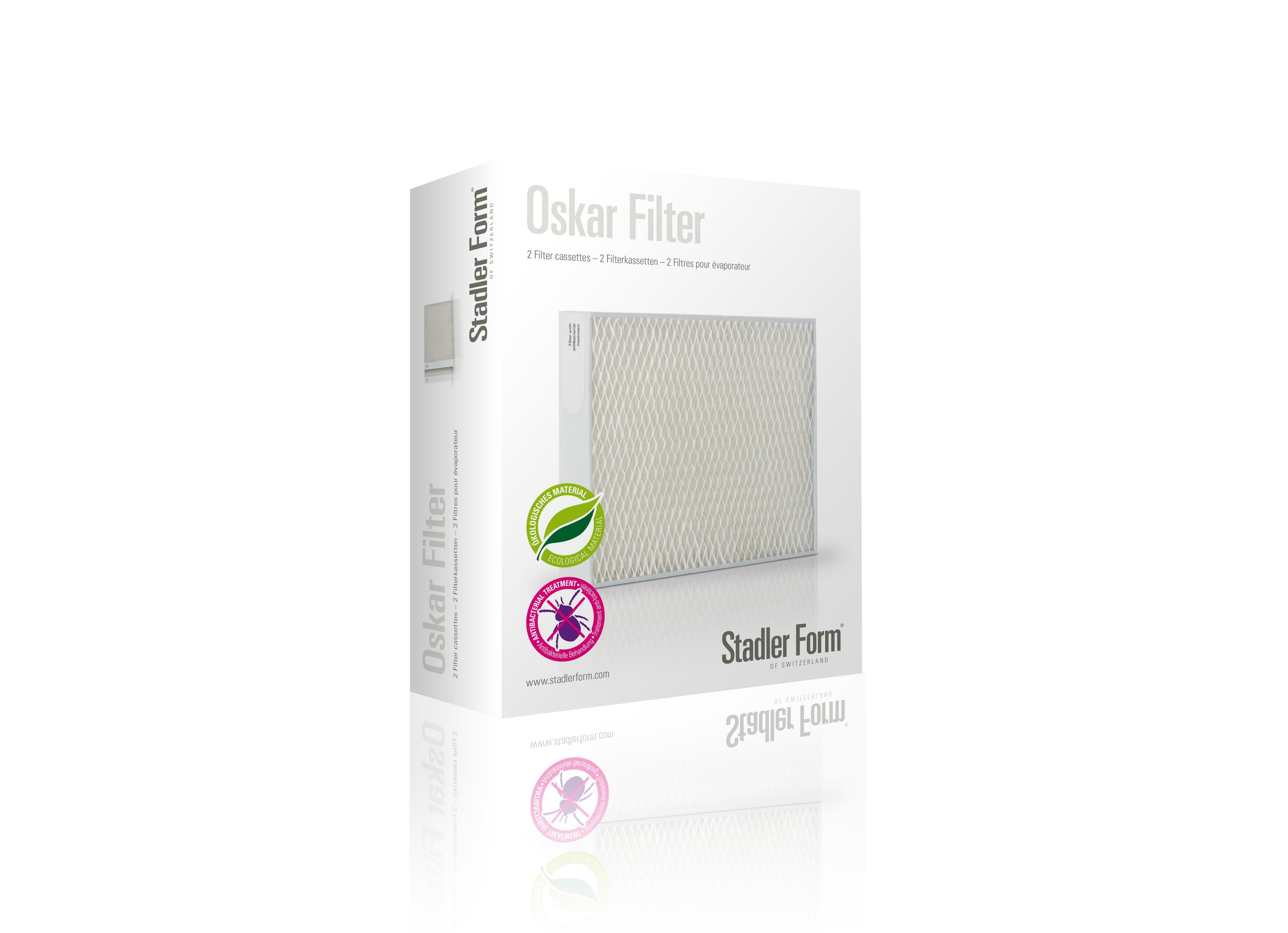 Verpackung für Oskar Filter mit 2 Filterkassetten, Öko-Material und antibakterieller Behandlung.