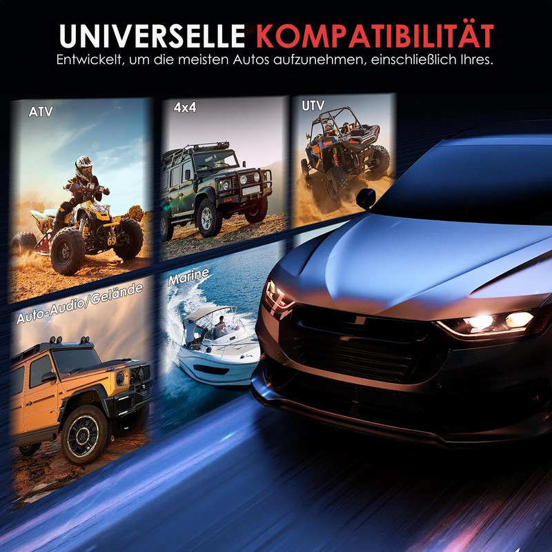 Grafik zeigt diverse Fahrzeuge: ATV, 4x4, UTV, Geländewagen, Boot und ein Auto.