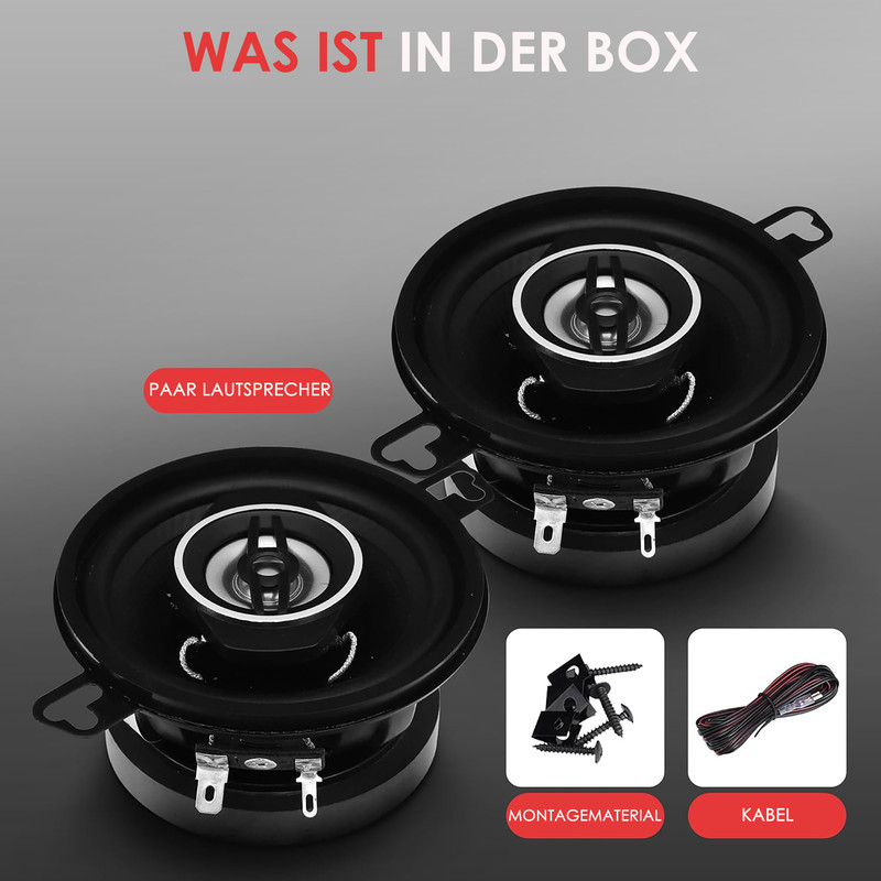 Zwei schwarze Autolautsprecher, Montagematerial und Kabel sind abgebildet.
