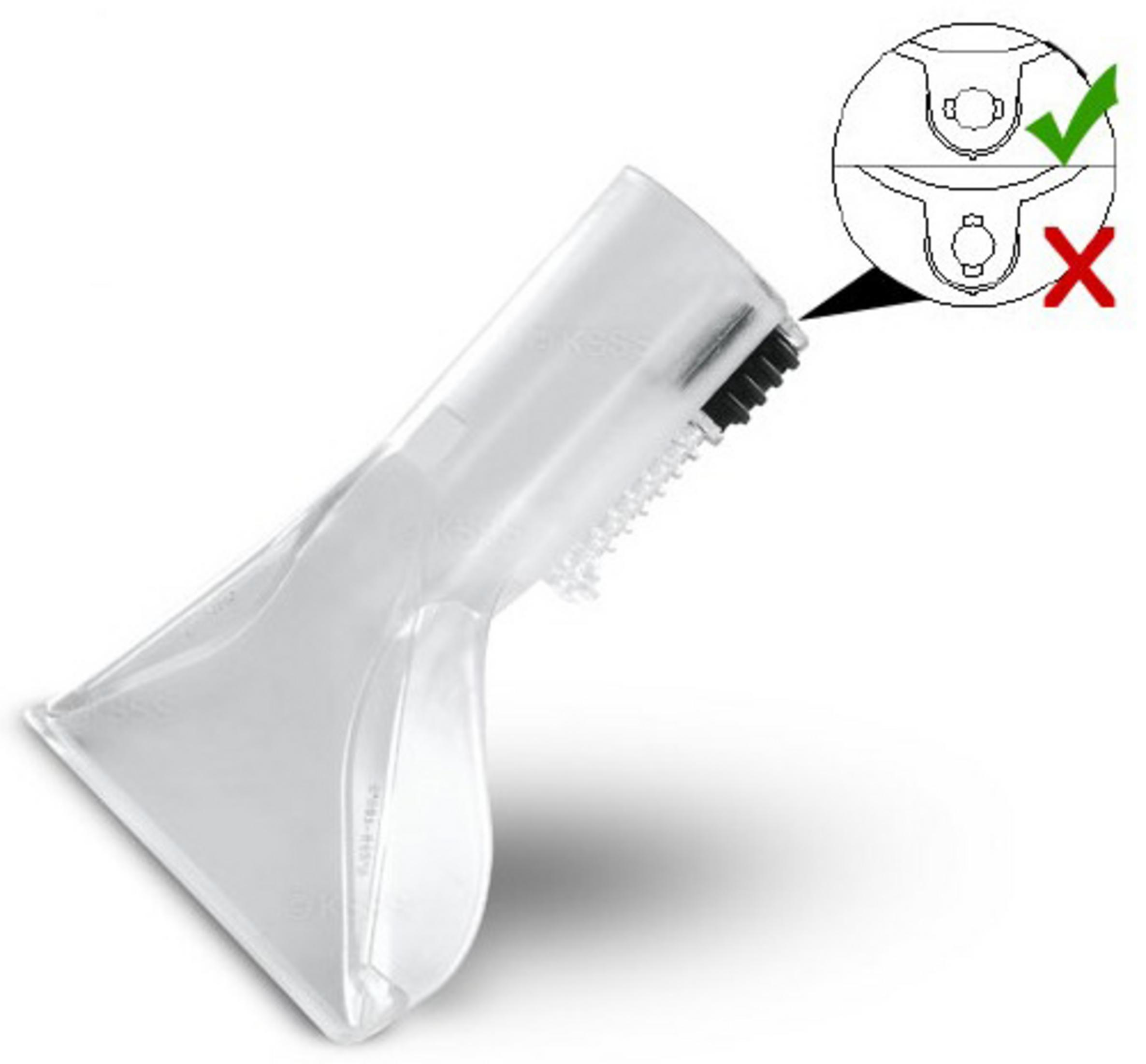 Un accesorio transparente con cerdas negras y un indicador direccional.