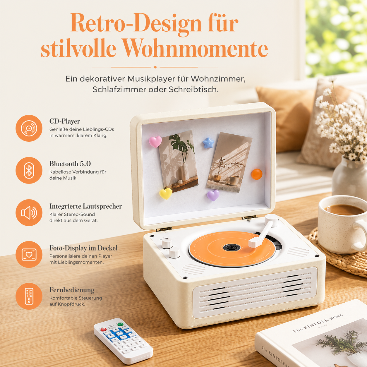 Ein Retro-Musikplayer mit CD-Fach, Bluetooth und Foto-Display im Deckel.