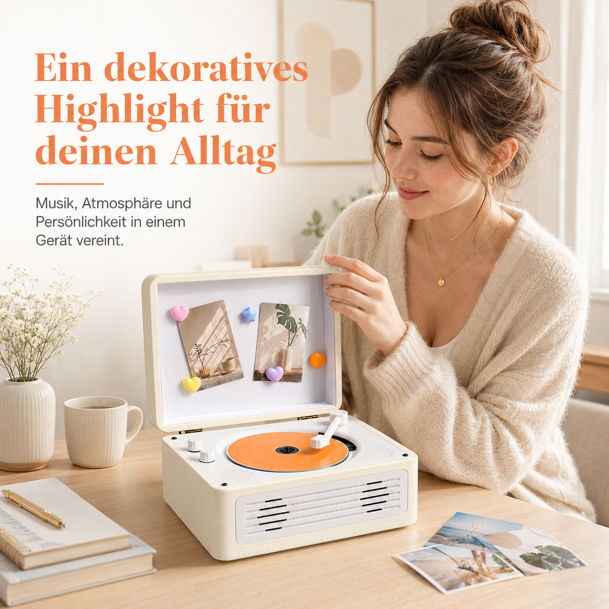 Eine Frau betrachtet einen Retro-Plattenspieler mit Fotos und Magneten im Inneren.