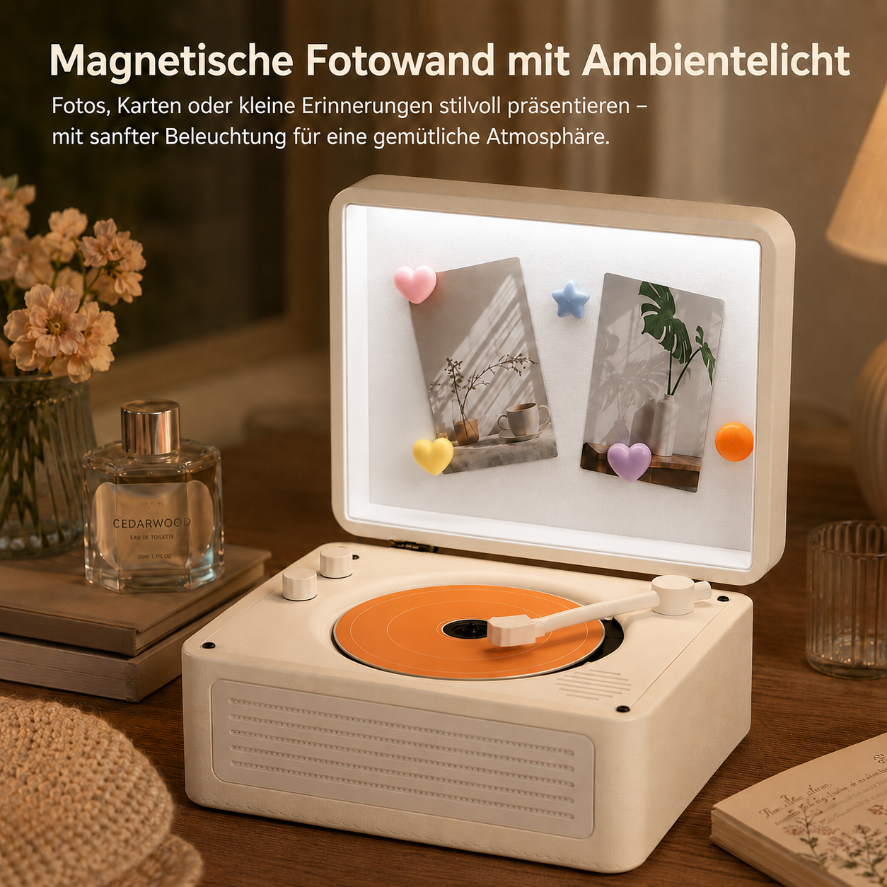 Ein Plattenspieler-Design mit beleuchteter Fotowand, Parfüm und Blumen.