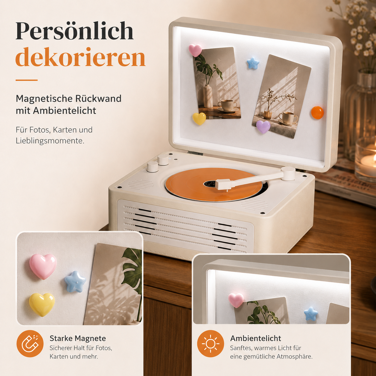 Ein Retro-Plattenspieler mit Magnettafel und bunten Herzen/Sternen.