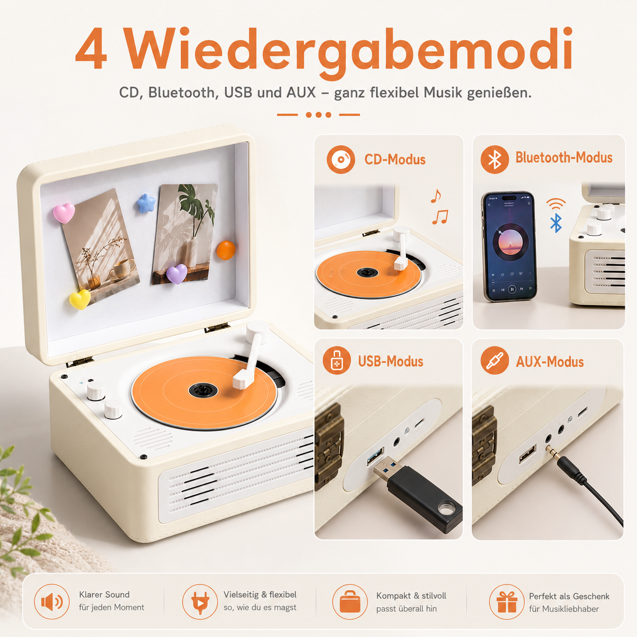 Ein Retro-Plattenspieler mit vier Wiedergabemodi: CD, Bluetooth, USB und AUX.