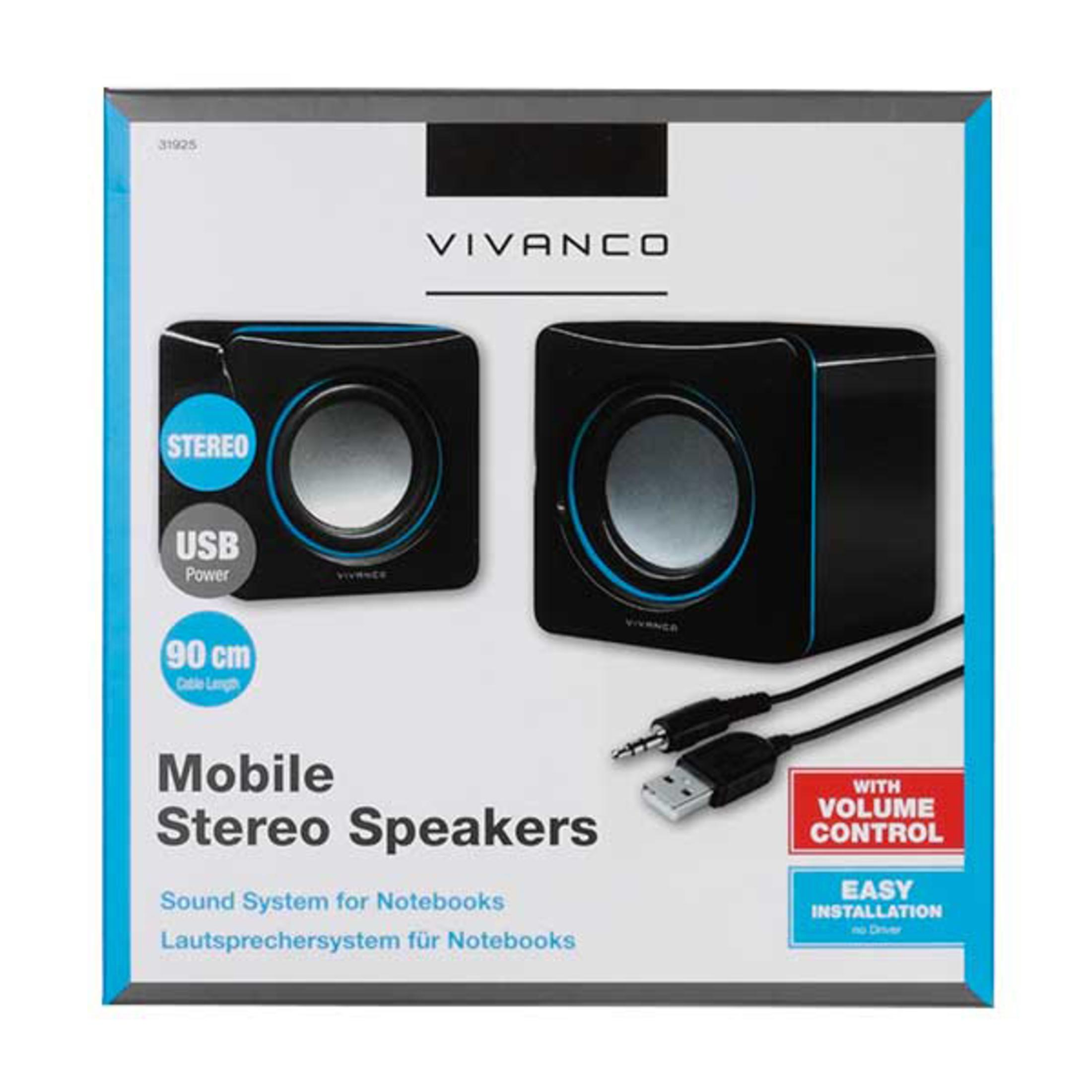 Verpackung von Vivanco Stereo Lautsprechern mit USB-Stromversorgung und 90 cm Kabel.