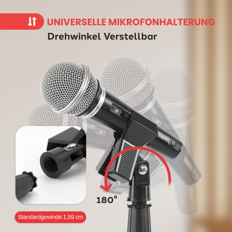 Mikrofonhalterung mit 180° verstellbarem Drehwinkel und Standardgewinde.