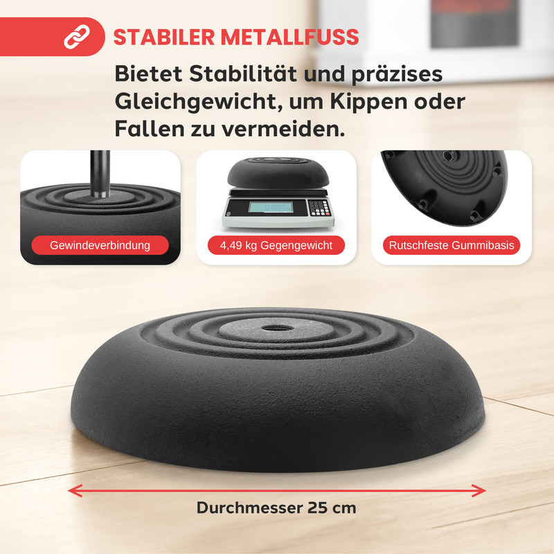Schwarzer runder Metallfuß mit 25 cm Durchmesser, rutschfester Gummibasis.