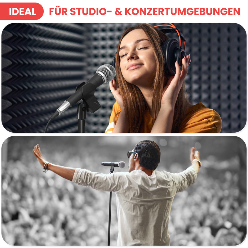 Junge Frau mit Kopfhörern im Studio und Mann auf Bühne mit Mikrofon