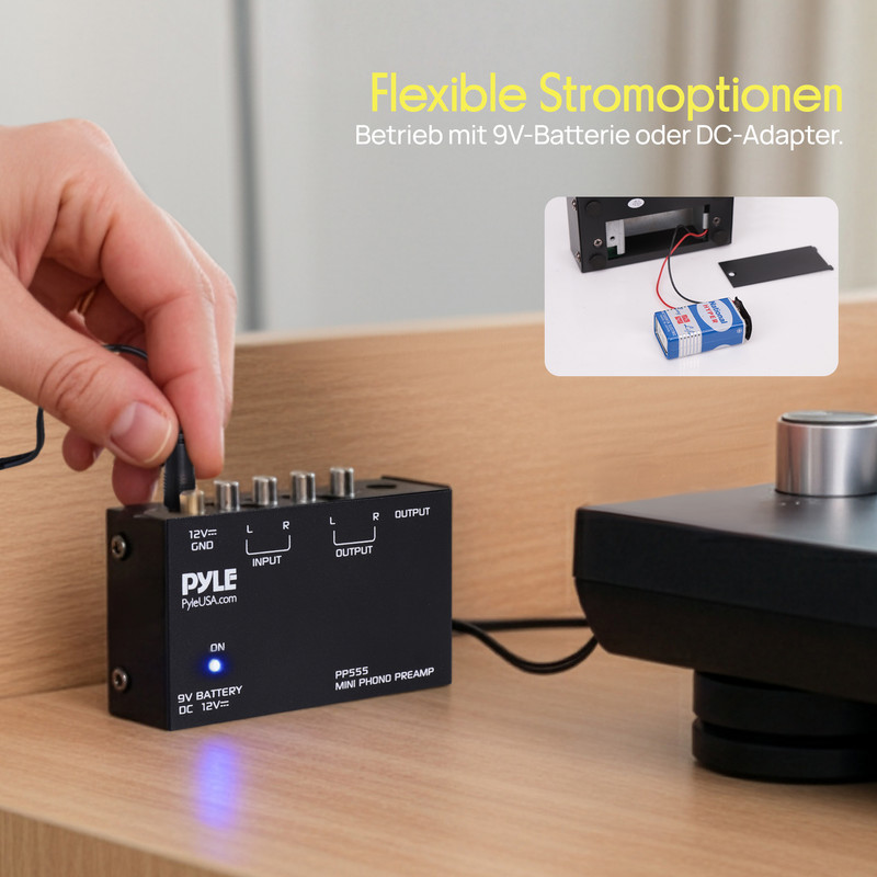 Schwarzer Phono-Vorverstärker mit 9V-Batterie- oder DC-Adapter-Betrieb.
