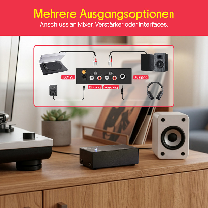 Schema zeigt Anschlüsse für Plattenspieler, Verstärker, Kopfhörer und Boxen.