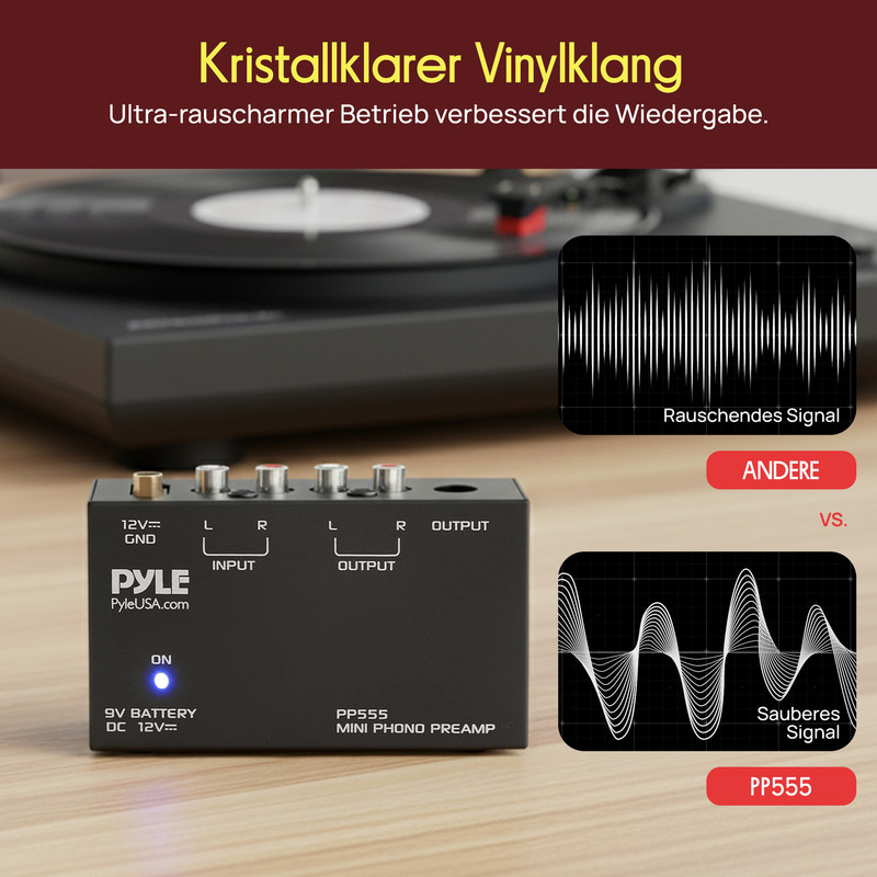 Ein schwarzer Phono-Vorverstärker mit Anschlüssen und LEDs liegt vor einem Plattenspieler.