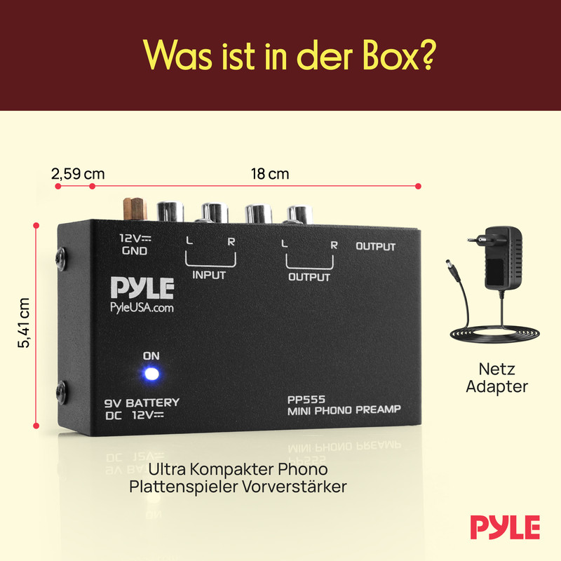 Schwarzer Mini Phono Vorverstärker mit Anschlüssen und Netzadapter.
