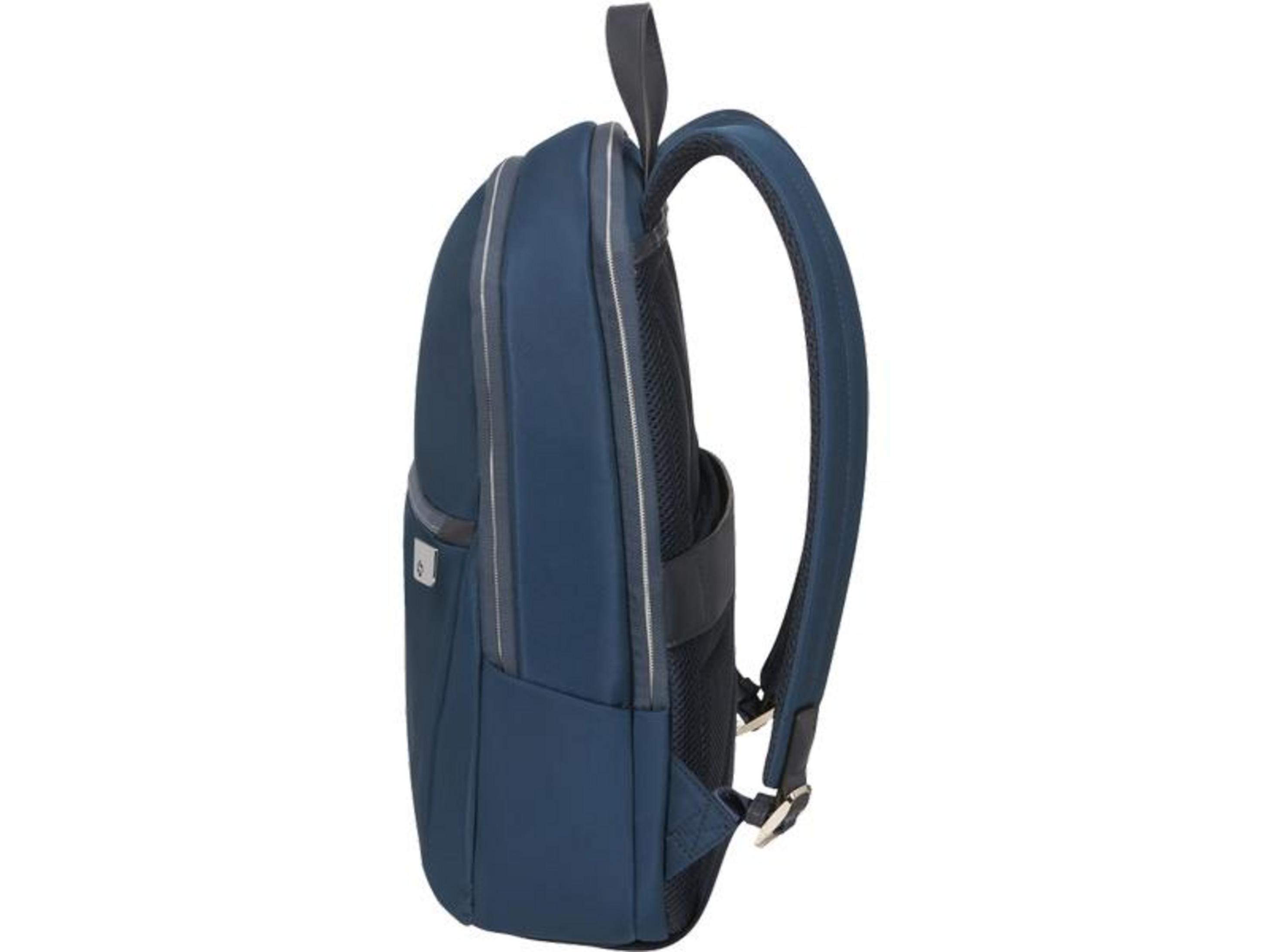 Dunkelblaue Rucksackseite mit einem Henkel und einem Schultergurt.