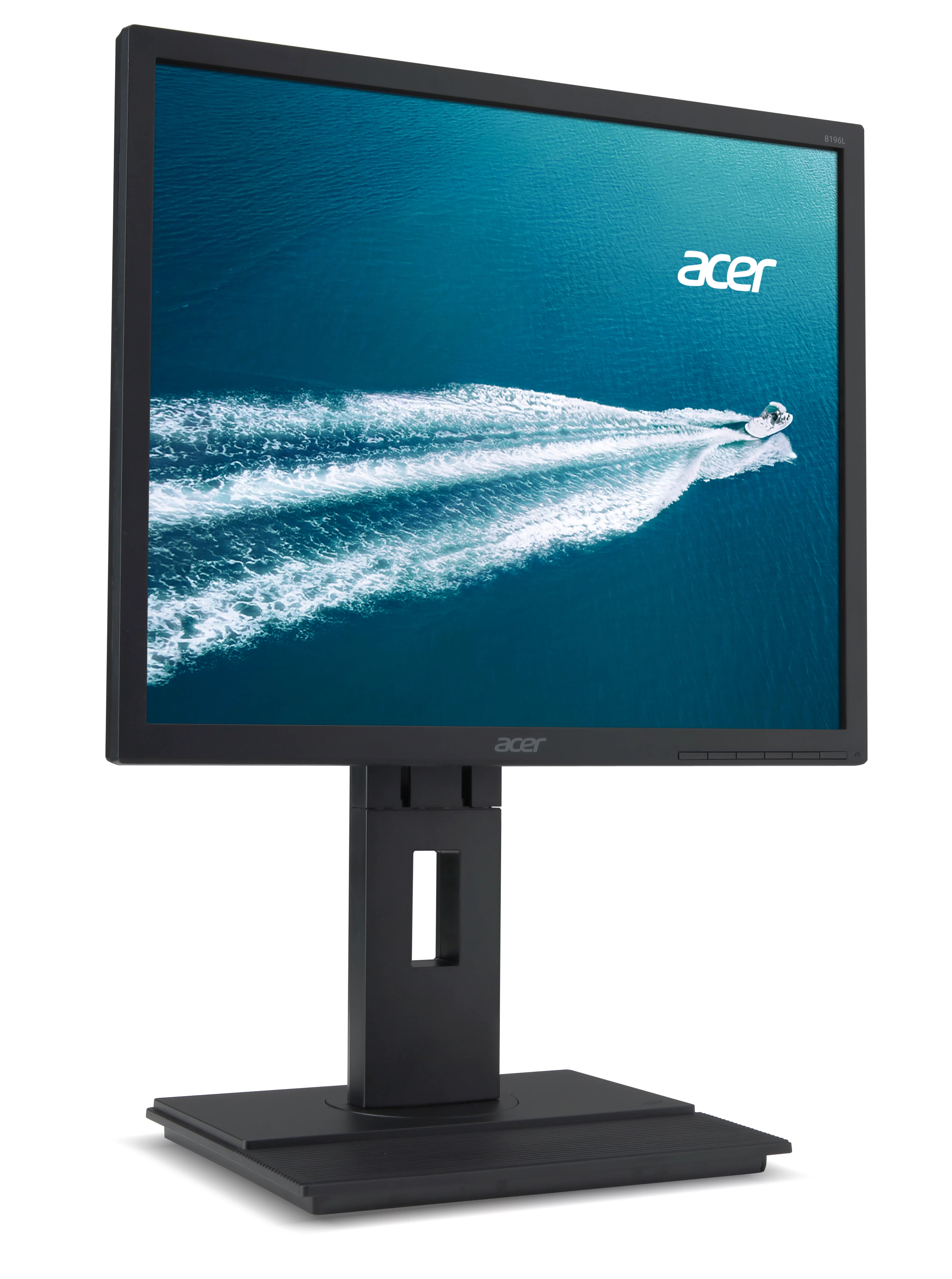 Un monitor Acer nero mostra una barca sull'acqua con una scia.
