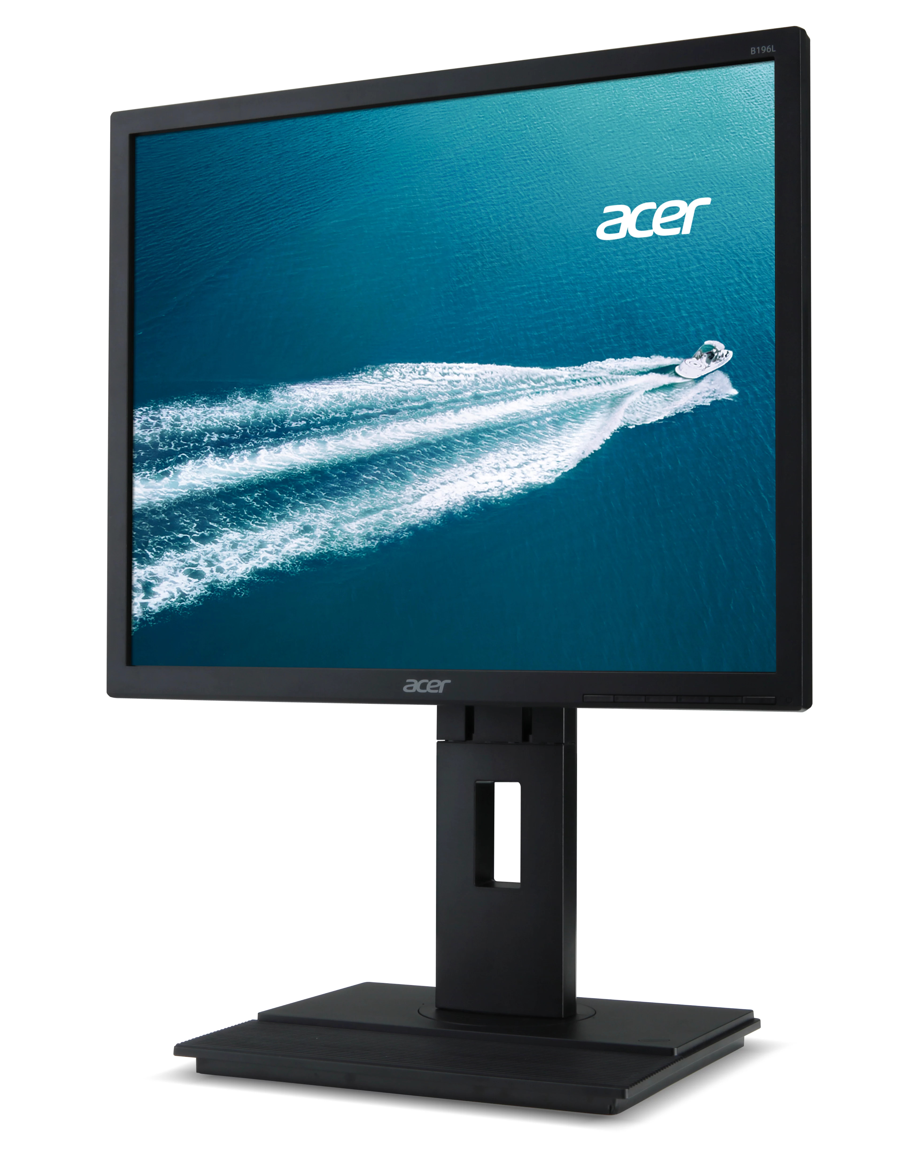 Monitor Acer nero mostra barca bianca su acqua blu con scia.