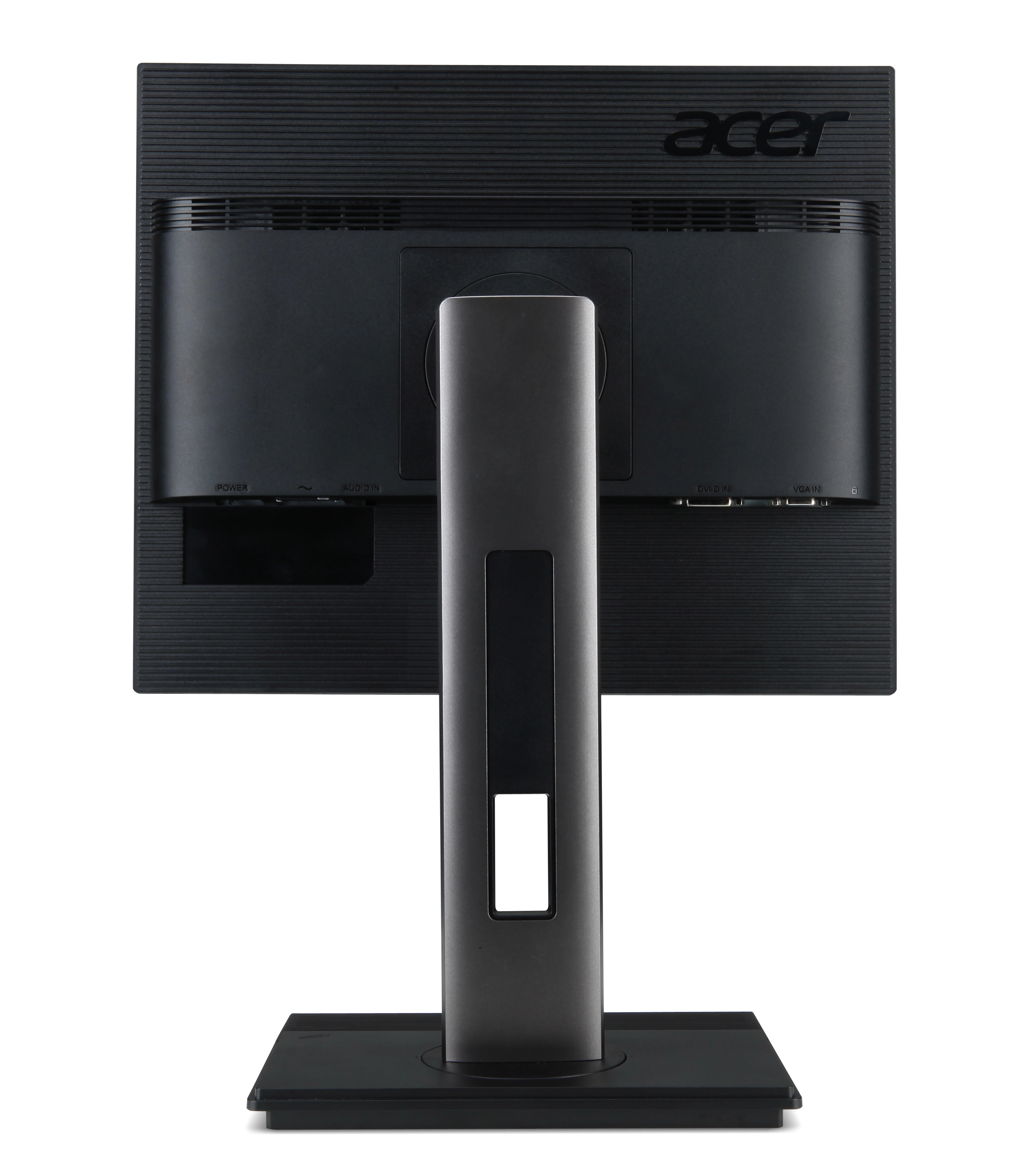 Vista posteriore di un monitor Acer nero con supporto e porte.