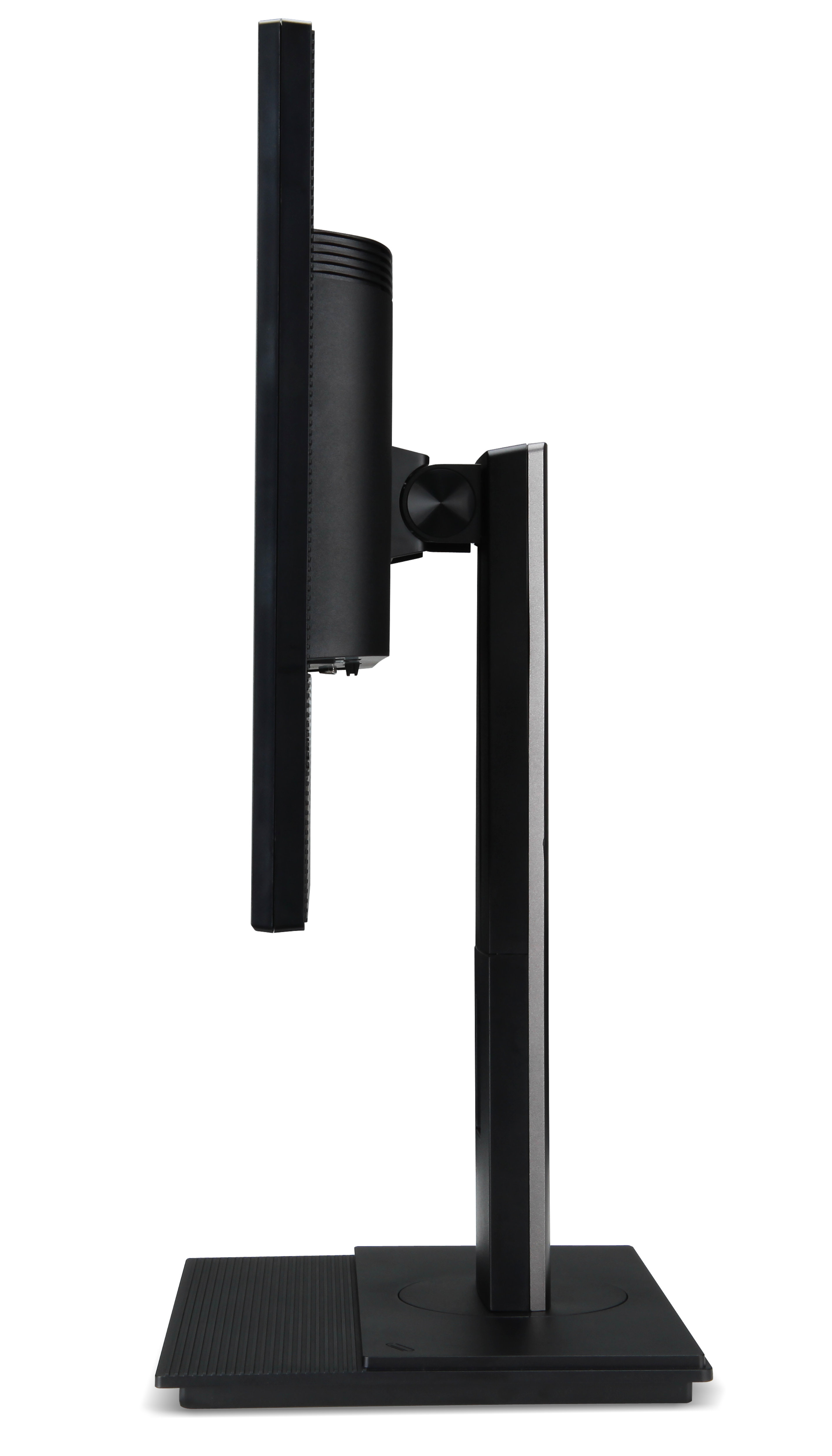 Vista laterale di un monitor per computer nero sul suo supporto su sfondo bianco.