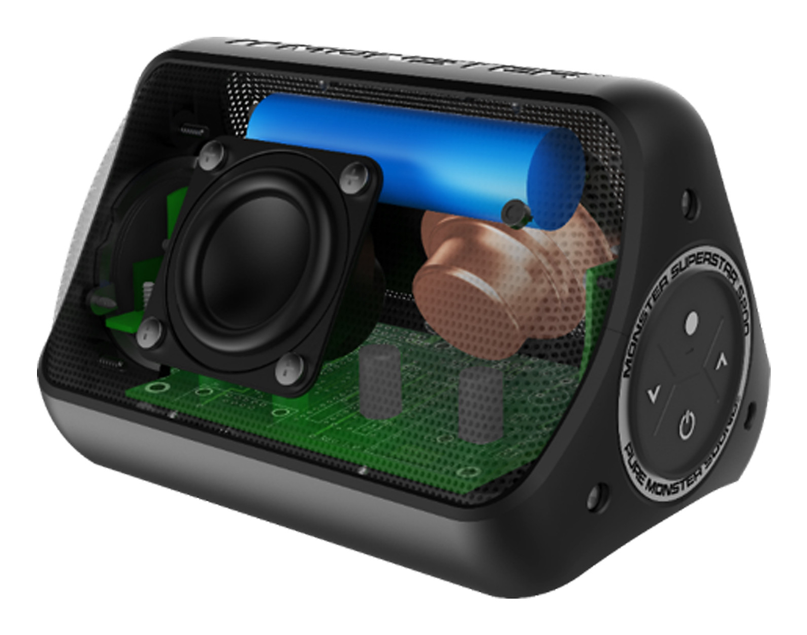Ein aufgeschnittener Bluetooth-Lautsprecher mit sichtbaren internen Komponenten wie Lautsprecher, Batterie und Platine.