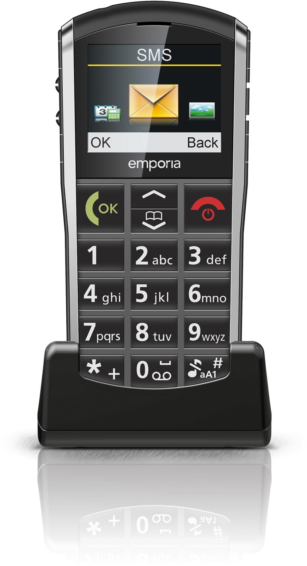 Ein Emporia-Mobiltelefon mit großer Tastatur und Lade-Dock.