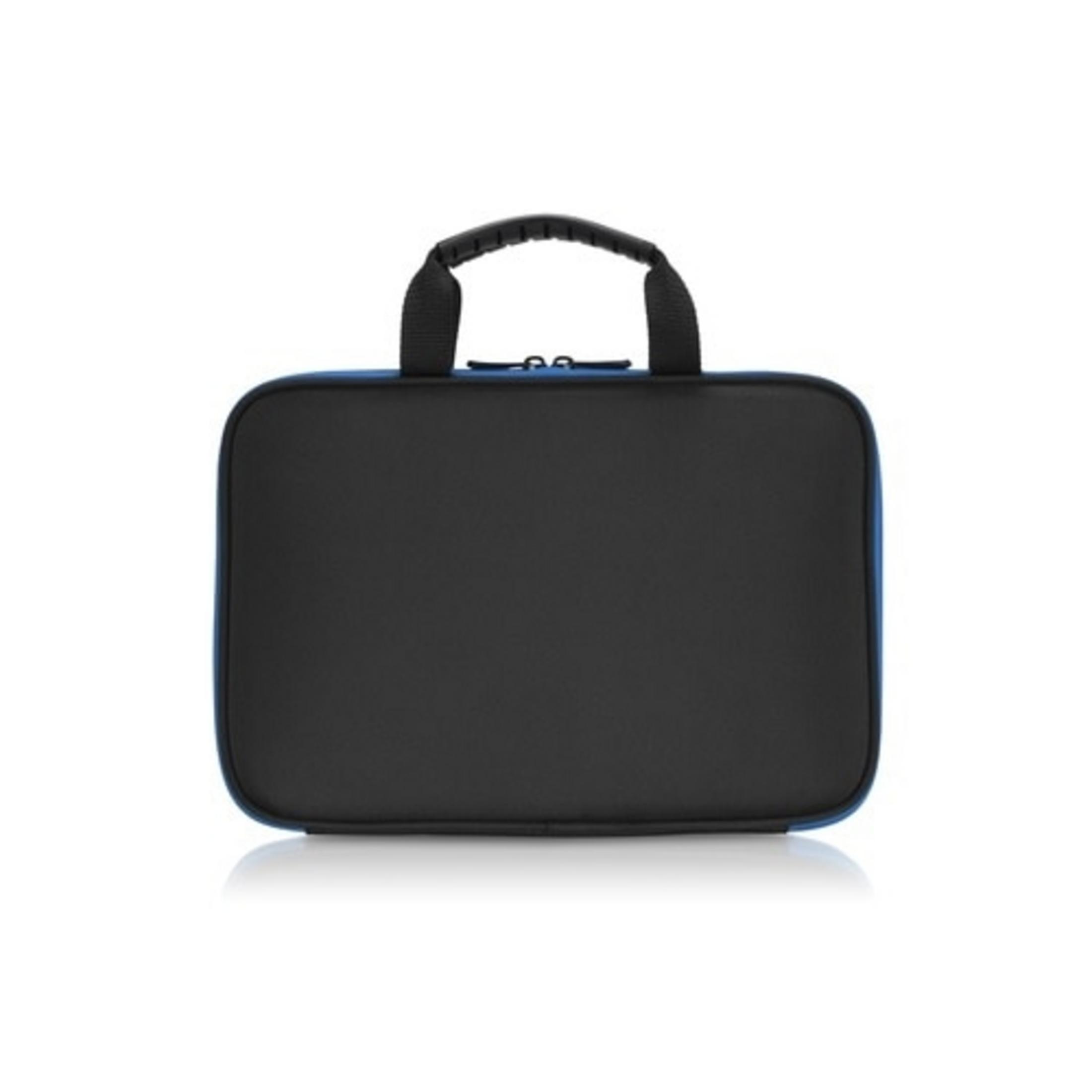 Schwarze Laptoptasche mit blauem Rand und Tragegriff.