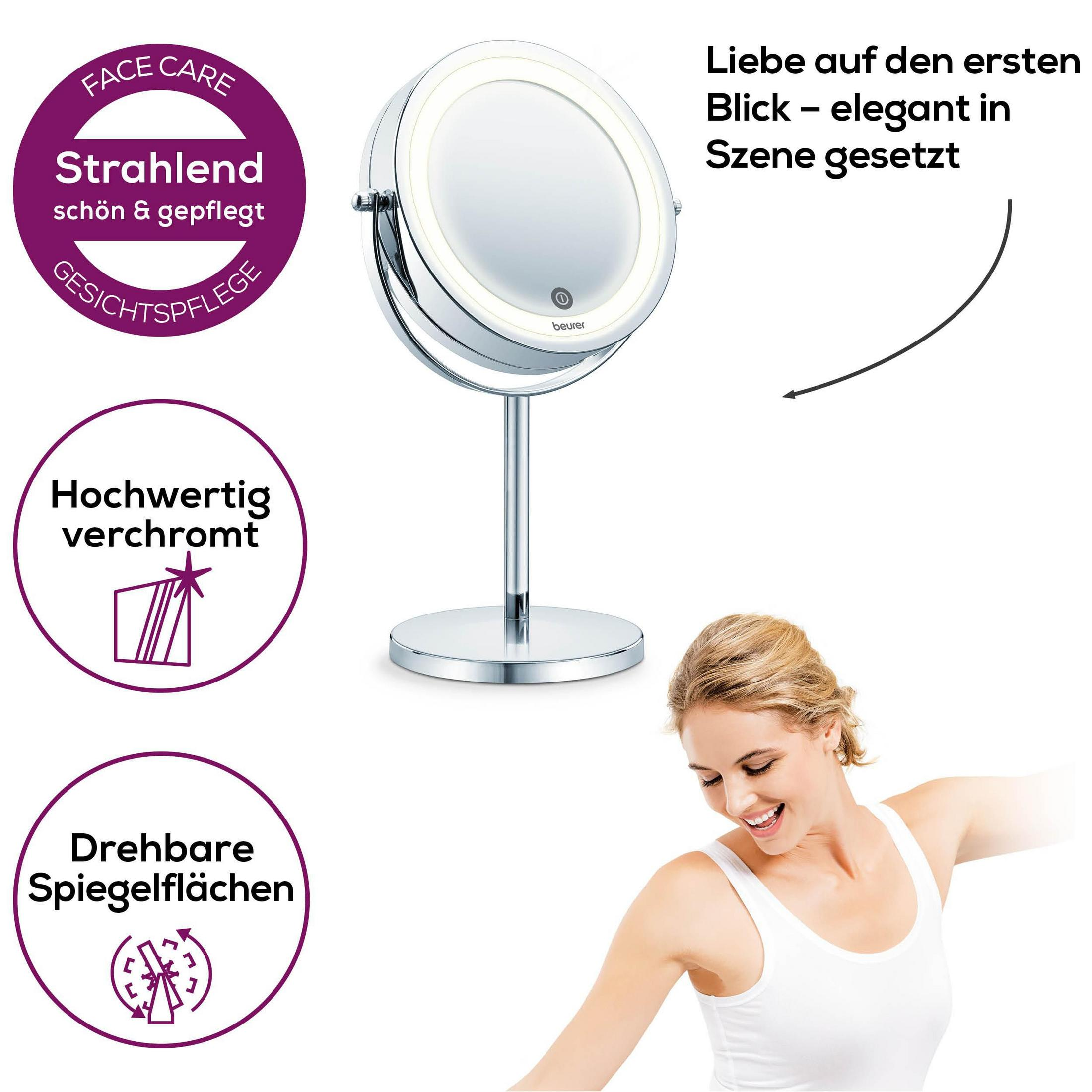 Beleuchteter Schminkspiegel mit Frau und Produktmerkmalen.
