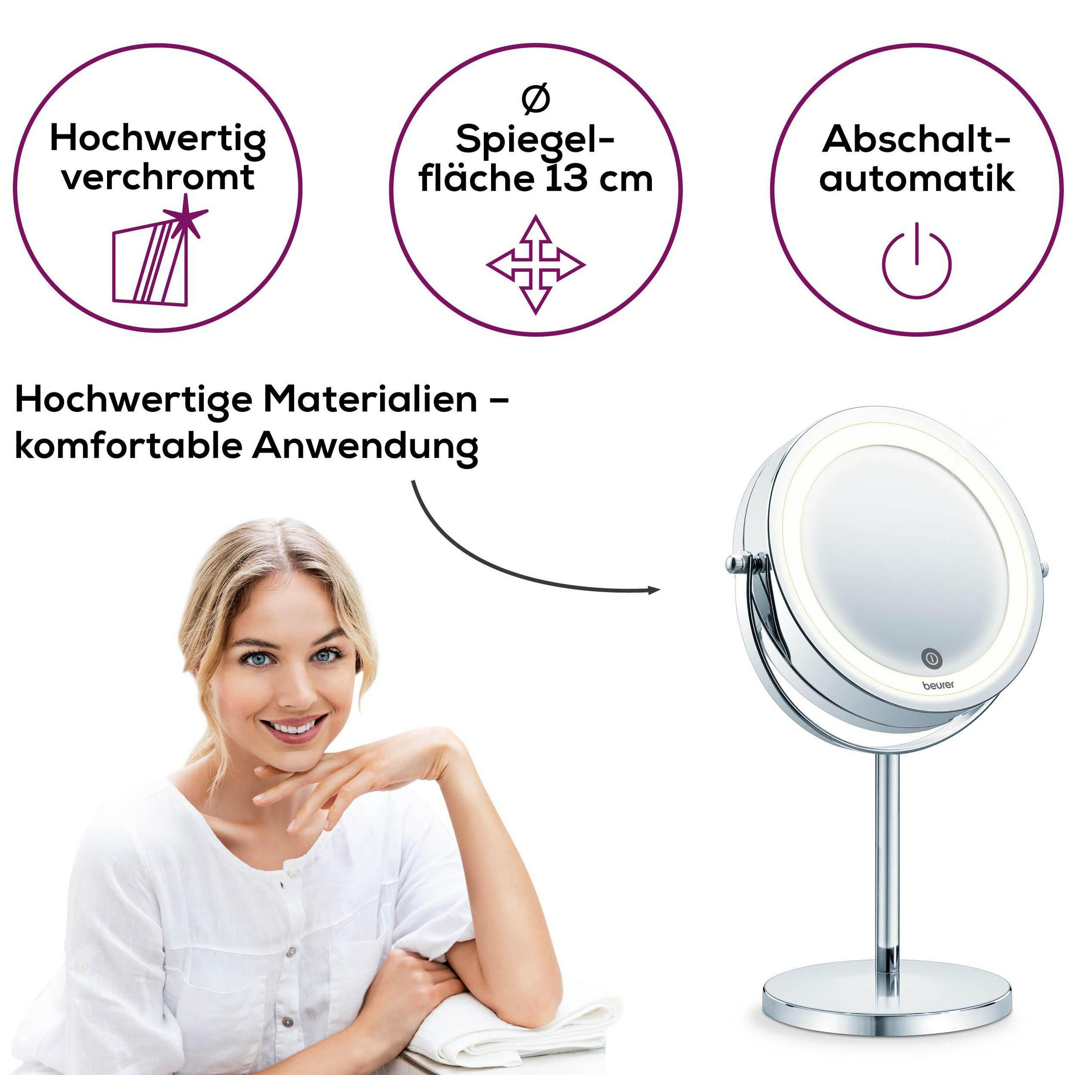 Hochwertiger Chromspiegel mit LED-Beleuchtung und Abschaltautomatik.