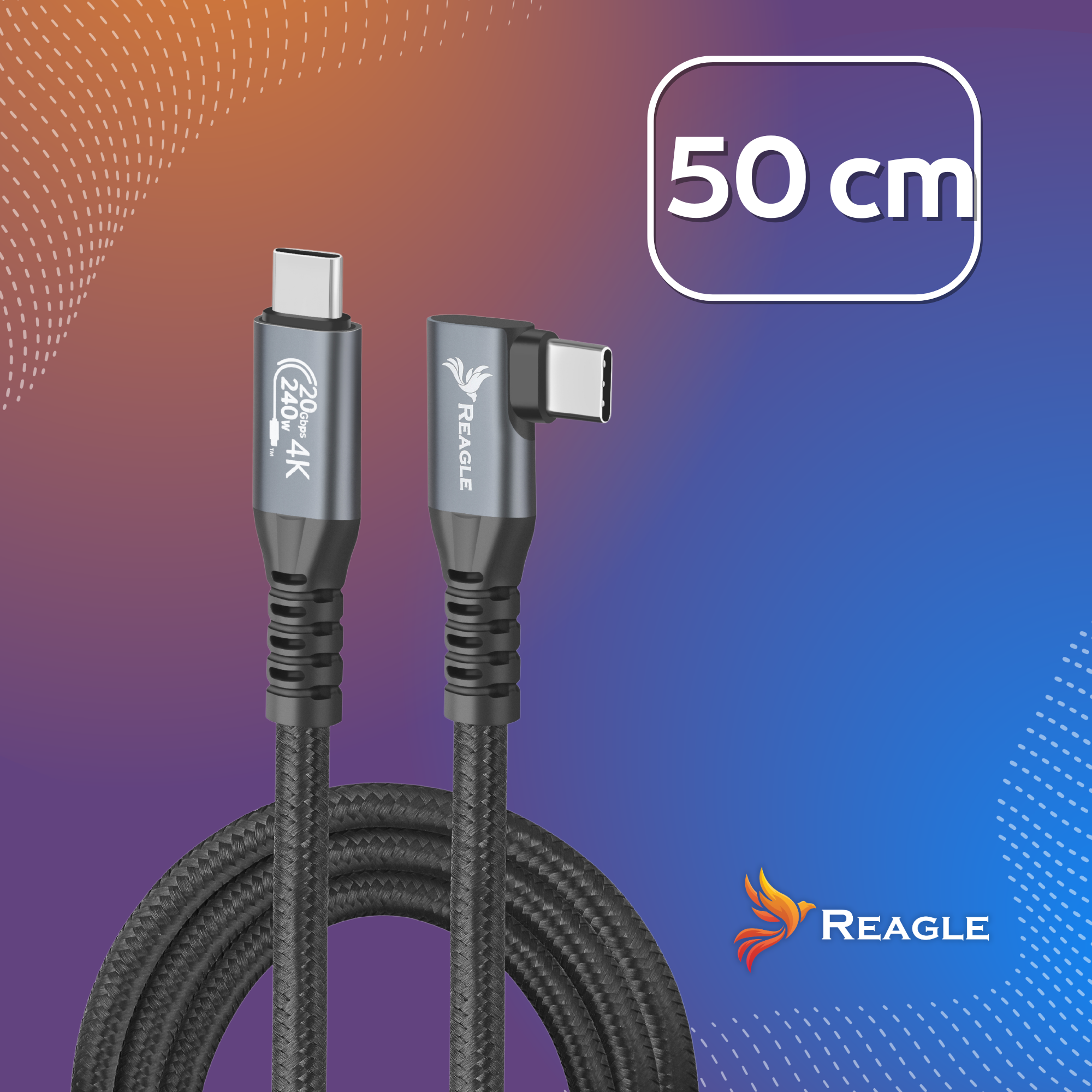 Ein schwarzes USB-C-Kabel mit 50 cm Länge und geradem und abgewinkeltem Stecker.