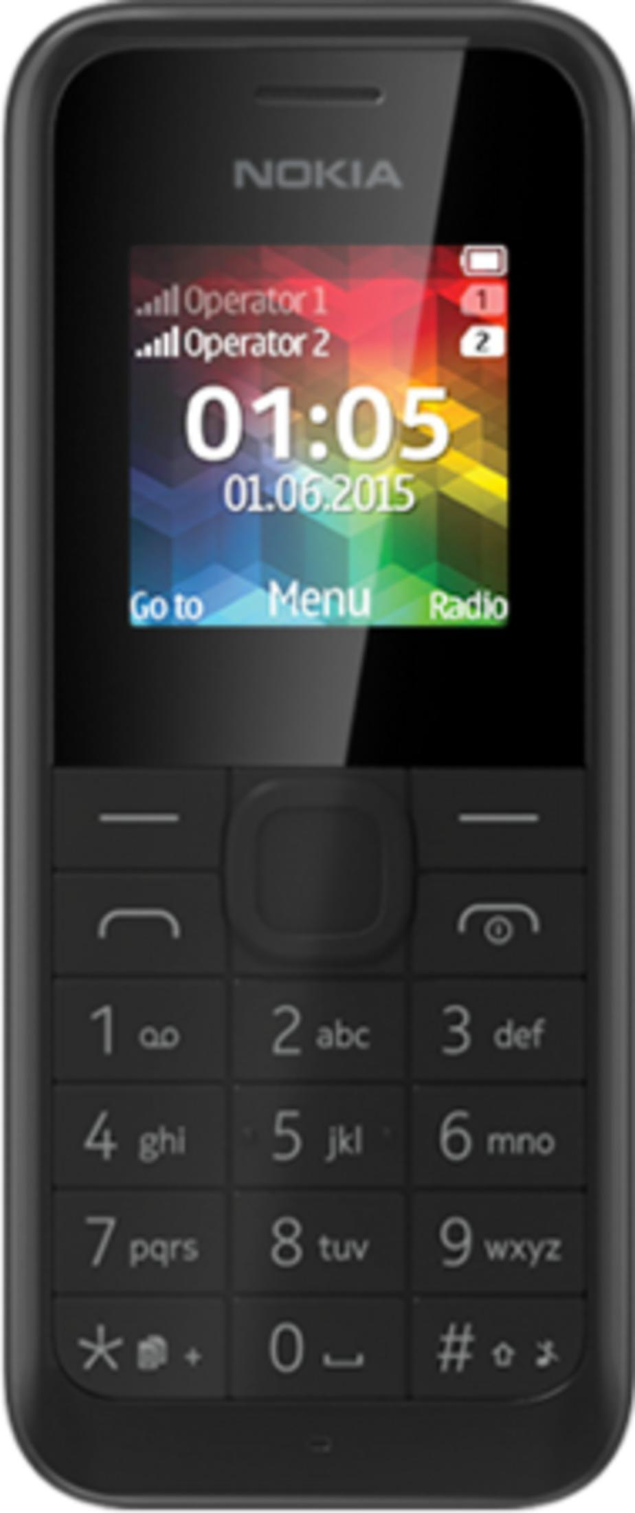 Telefono Nokia nero mostra ora 01:05, data 01.06.2015 e opzioni menu.