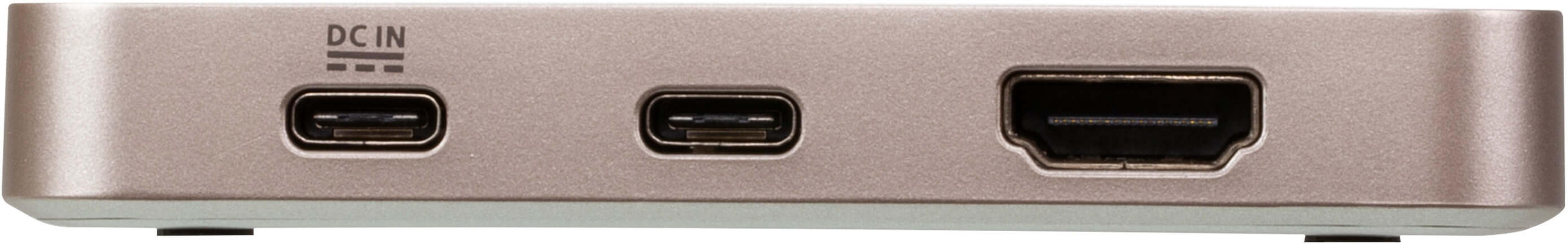 Ein silbernes Gerät mit Anschlüssen: DC IN, zwei USB-C und ein HDMI.