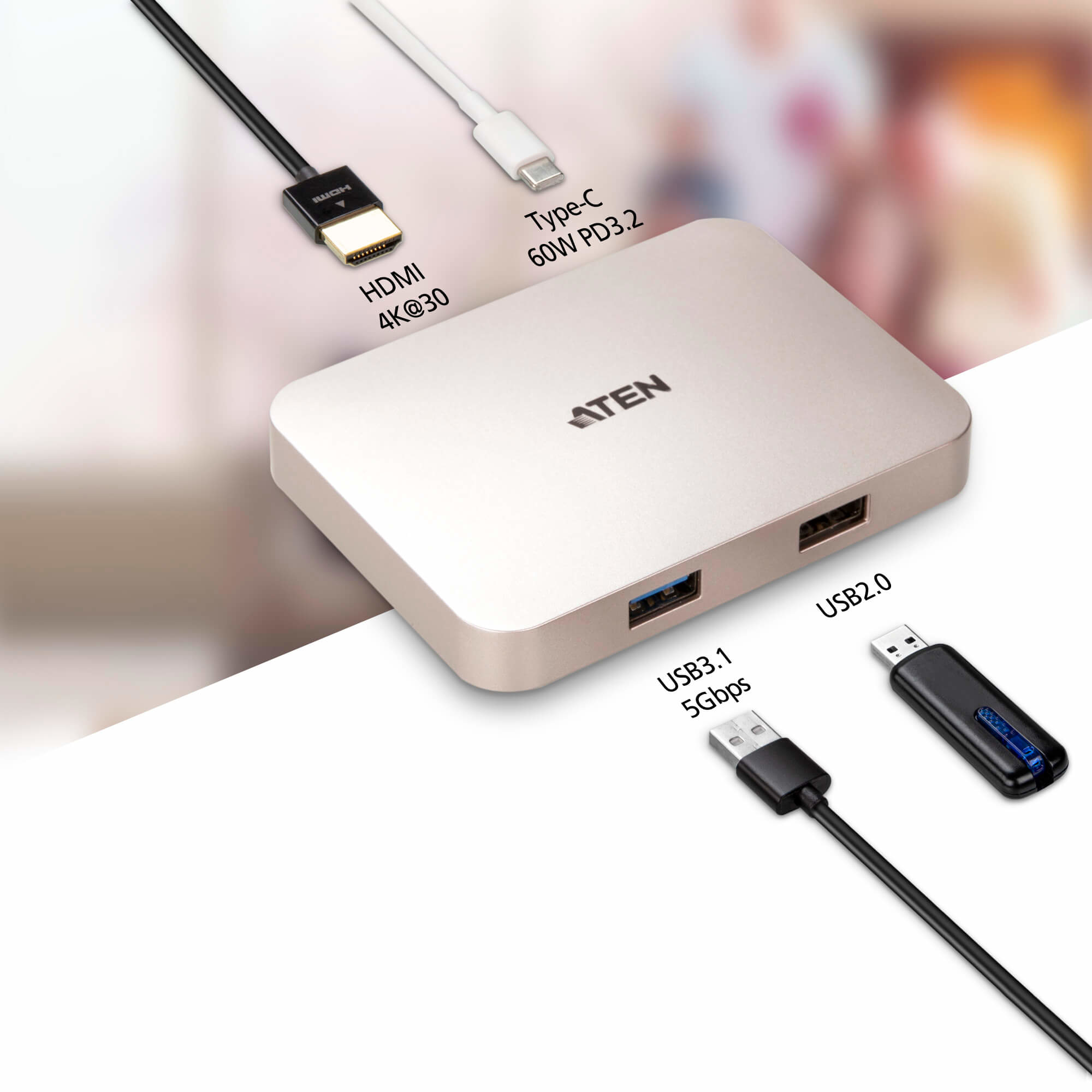 ATEN-Gerät mit HDMI-, Type-C-, USB 3.1- und USB 2.0-Anschlüssen.