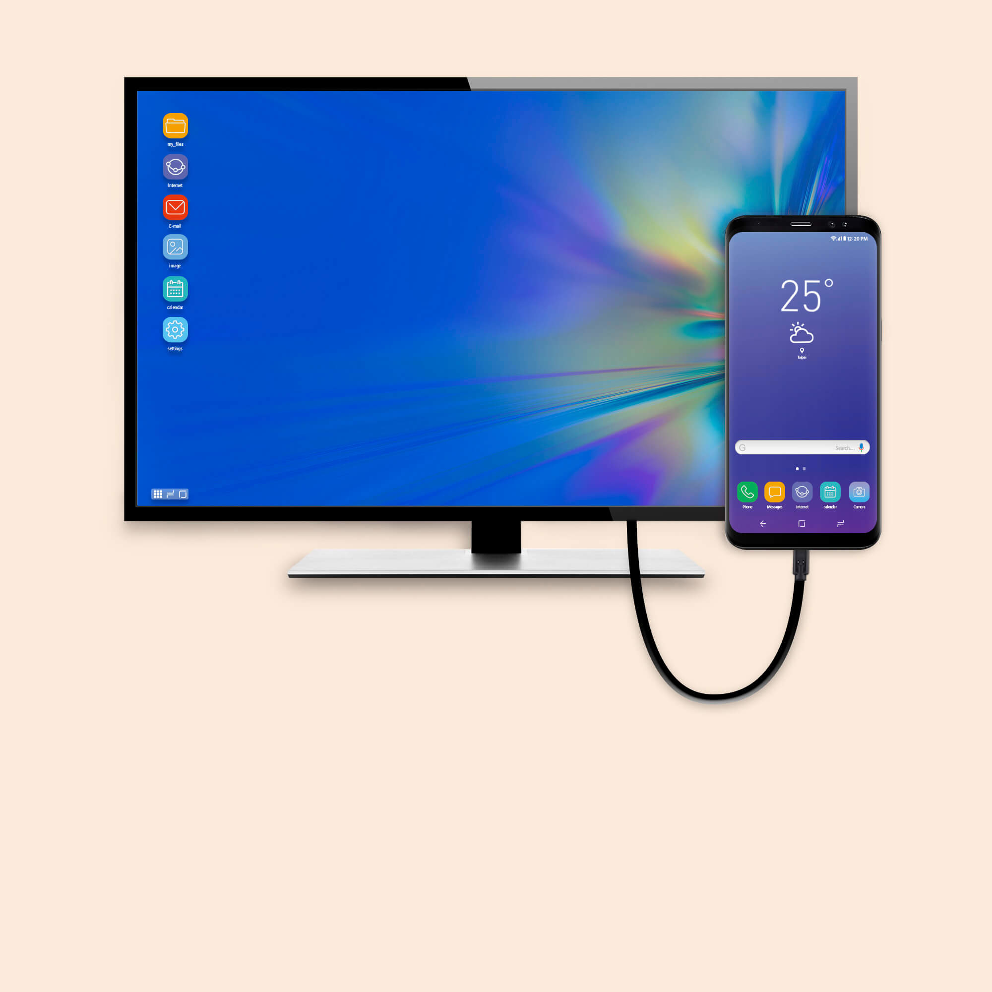 Ein Smartphone ist über ein Kabel mit einem großen Monitor verbunden.